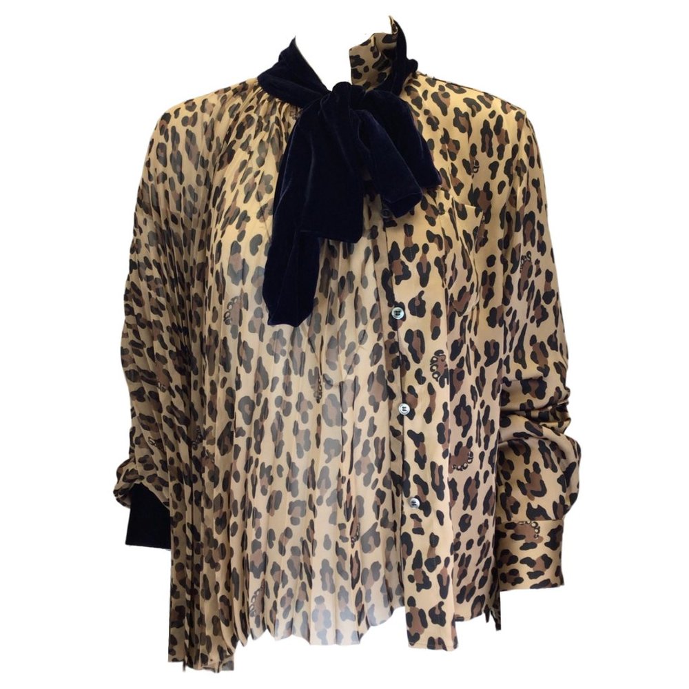 SACAI TAN / BROWN / BLACK / NAVY BLUE VELVET TIE-NECK PLEATED LEOPARD PRINTED SA